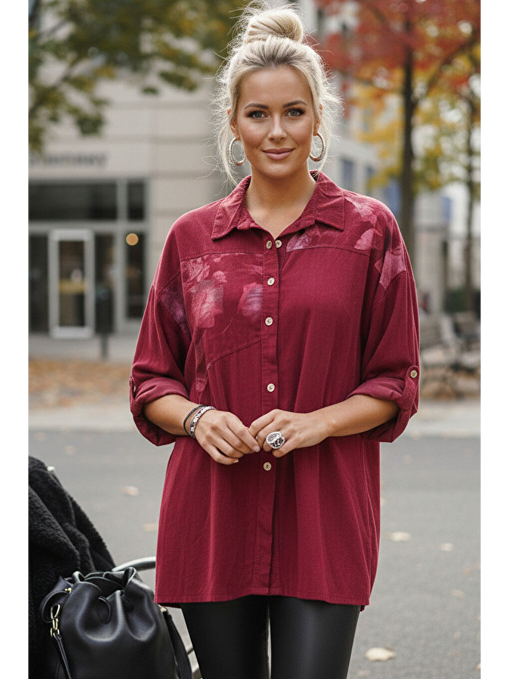 İtalyan Bordo Uzun Kol Çiçekli Düğmeli İnce Kadife Casual Dokuma Gömlek 75-80 70-2