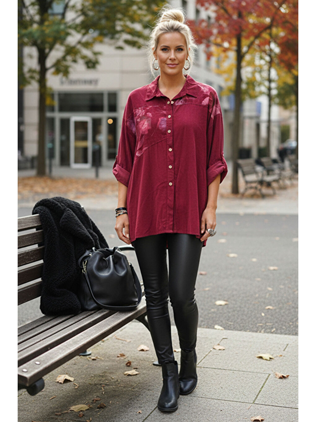 İtalyan Bordo Uzun Kol Çiçekli Düğmeli İnce Kadife Casual Dokuma Gömlek 75-80 70-3