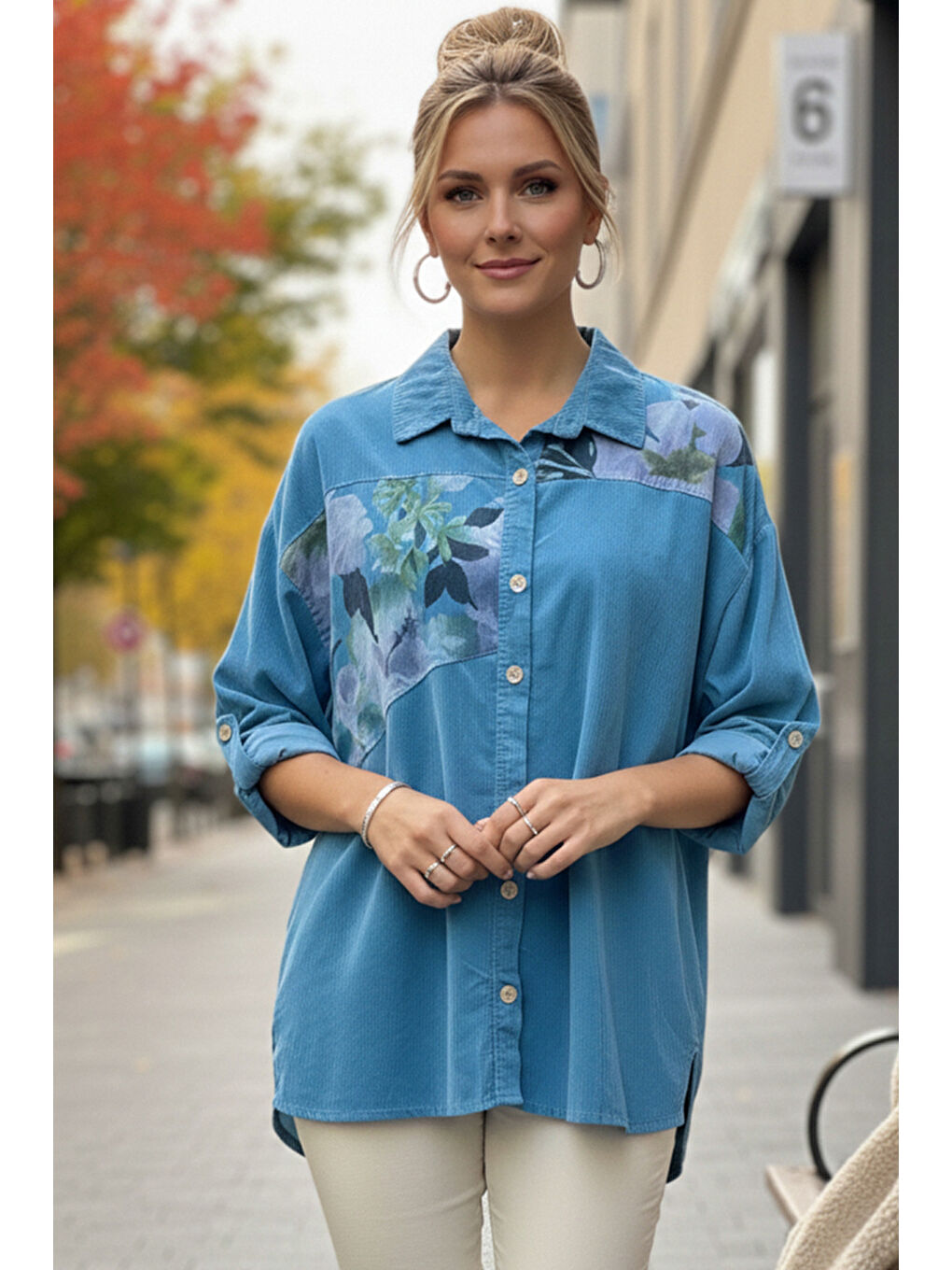 İtalyan Açık Mavi Uzun Kol Çiçekli Düğmeli İnce Kadife Casual Dokuma Gömlek 75-80 70-1