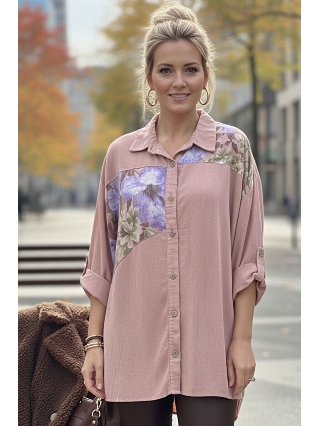 İtalyan Pastel Pembe Uzun Kol Çiçekli Düğmeli İnce Kadife Casual Dokuma Gömlek 75-80 70-2