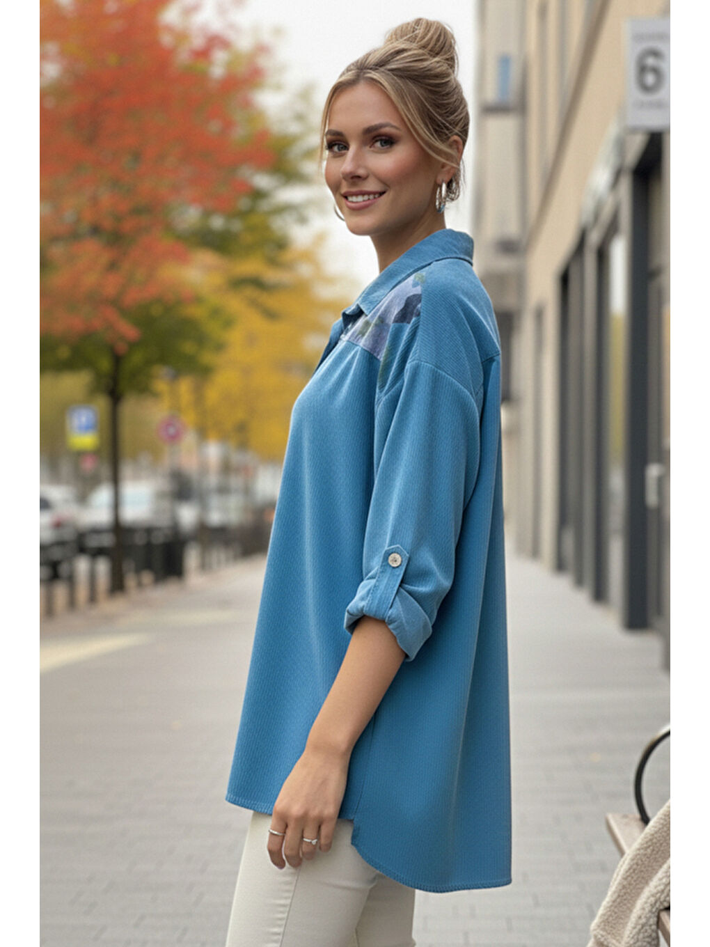 İtalyan Açık Mavi Uzun Kol Çiçekli Düğmeli İnce Kadife Casual Dokuma Gömlek 75-80 70-2