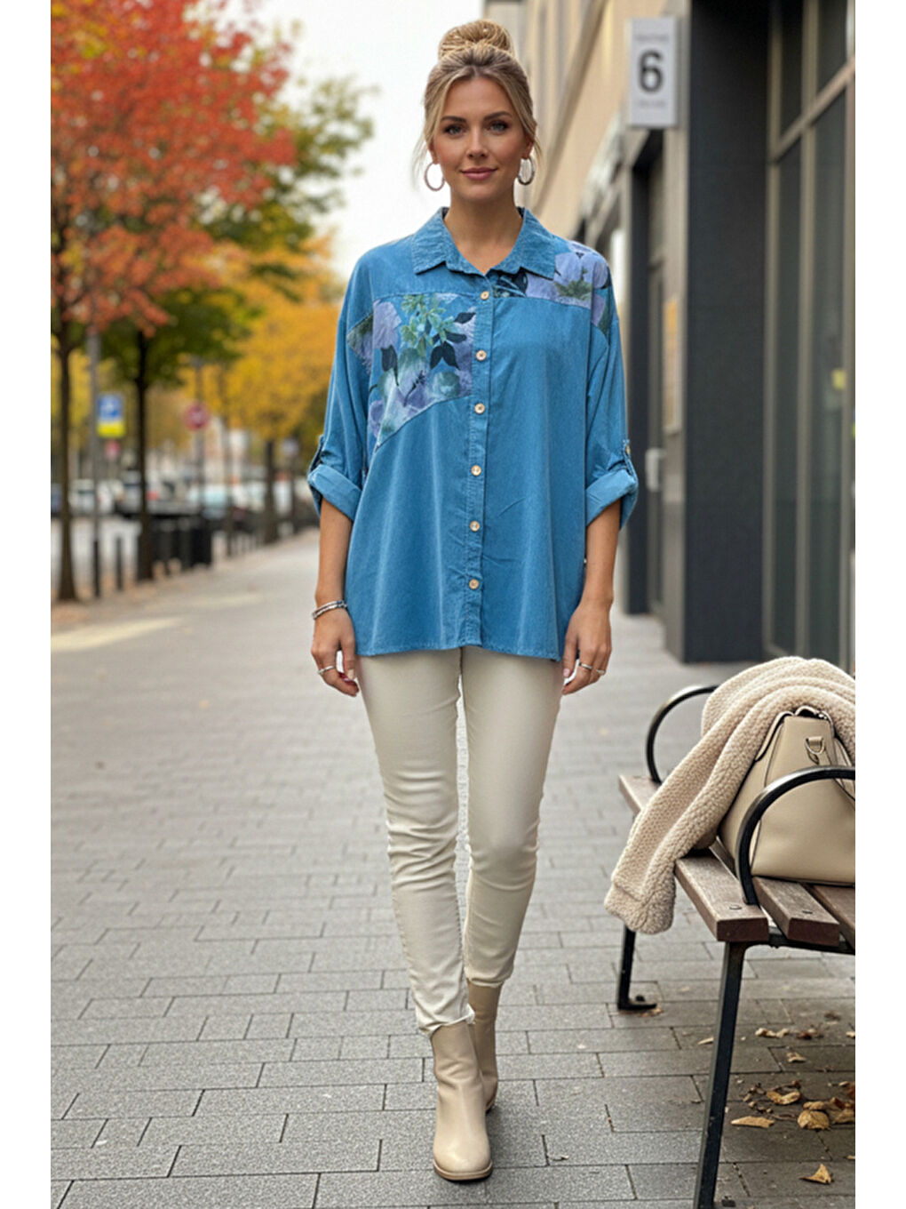 İtalyan Açık Mavi Uzun Kol Çiçekli Düğmeli İnce Kadife Casual Dokuma Gömlek 75-80 70-3