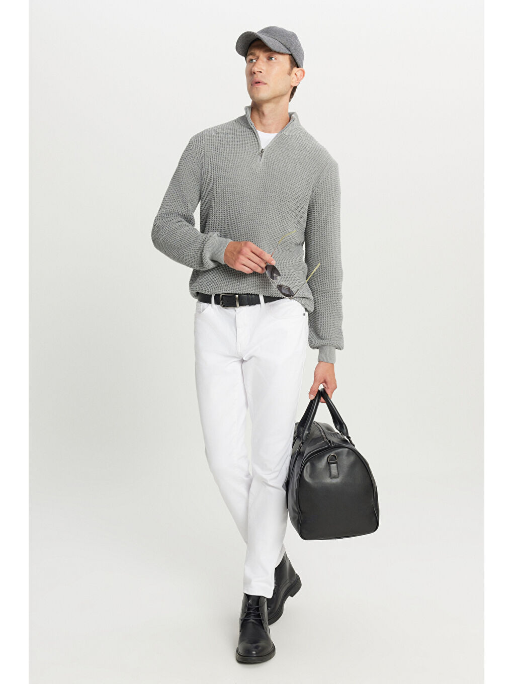 Erkek Gri Melanj Pamuklu Standart Fit Normal Kesim Bato Yaka Jakarlı Triko Kazak-1