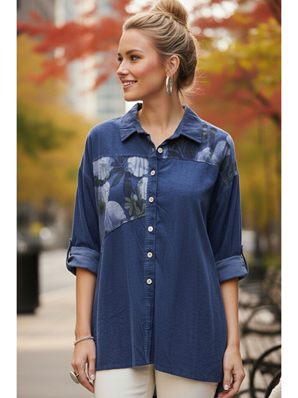 İtalyan Jean Mavisi Uzun Kol Çiçekli Düğmeli İnce Kadife Casual Dokuma Gömlek 75-80 70-1