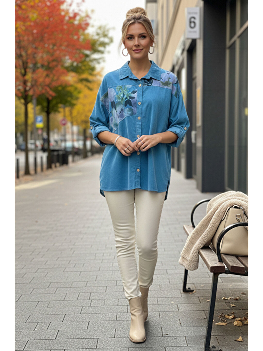 İtalyan Açık Mavi Uzun Kol Çiçekli Düğmeli İnce Kadife Casual Dokuma Gömlek 75-80 70-4