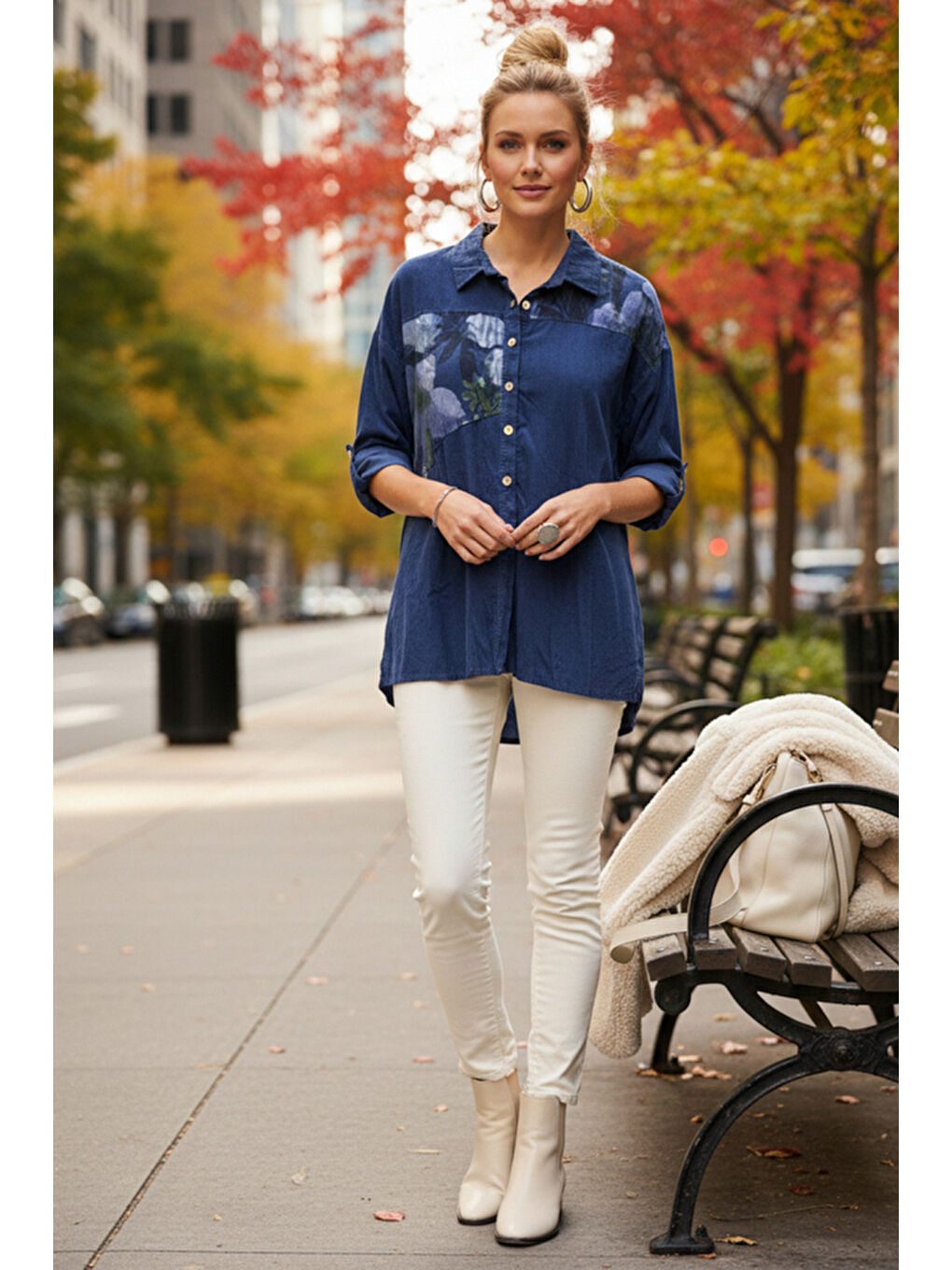 İtalyan Jean Mavisi Uzun Kol Çiçekli Düğmeli İnce Kadife Casual Dokuma Gömlek 75-80 70-3