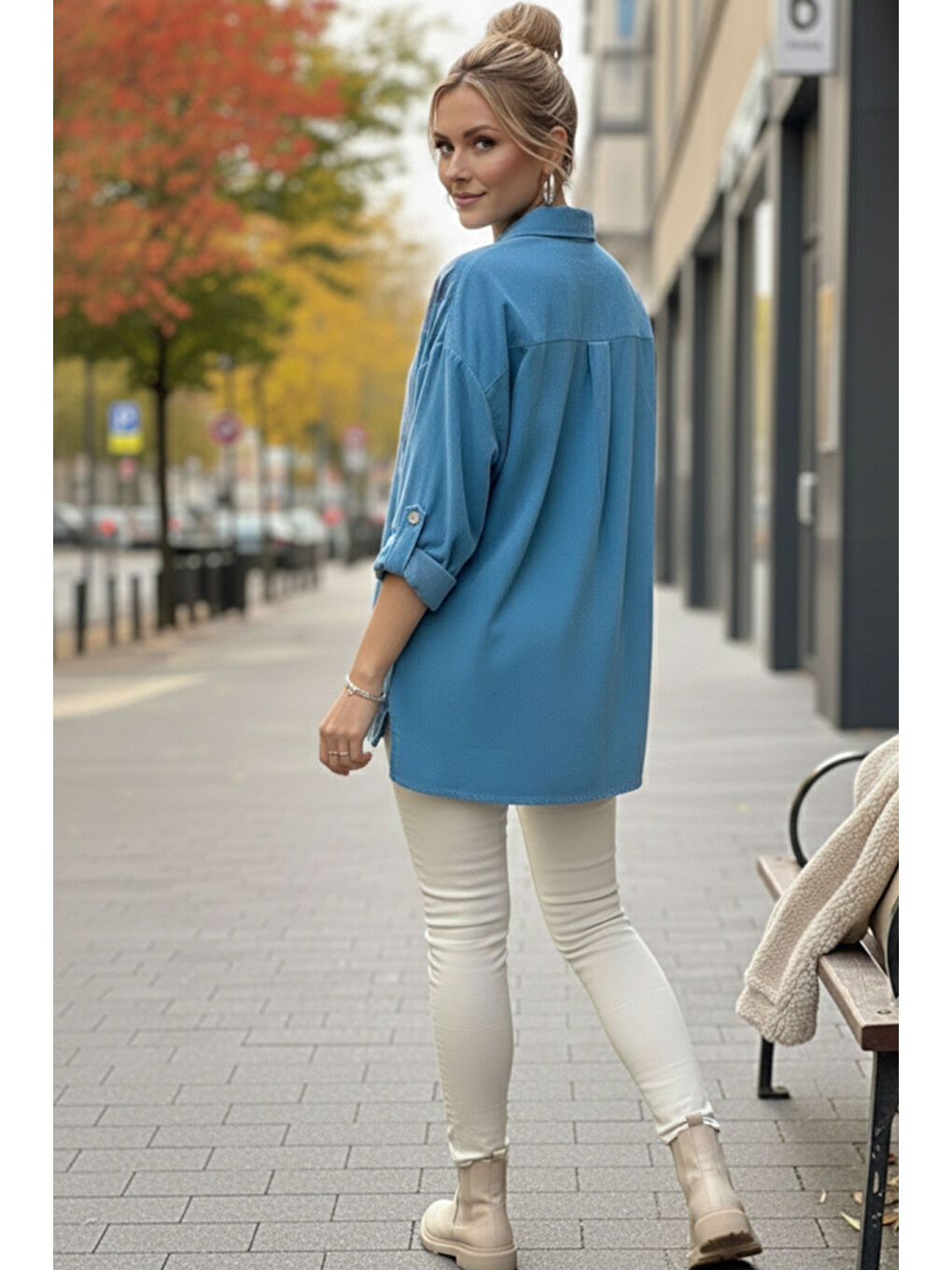 İtalyan Açık Mavi Uzun Kol Çiçekli Düğmeli İnce Kadife Casual Dokuma Gömlek 75-80 70-5