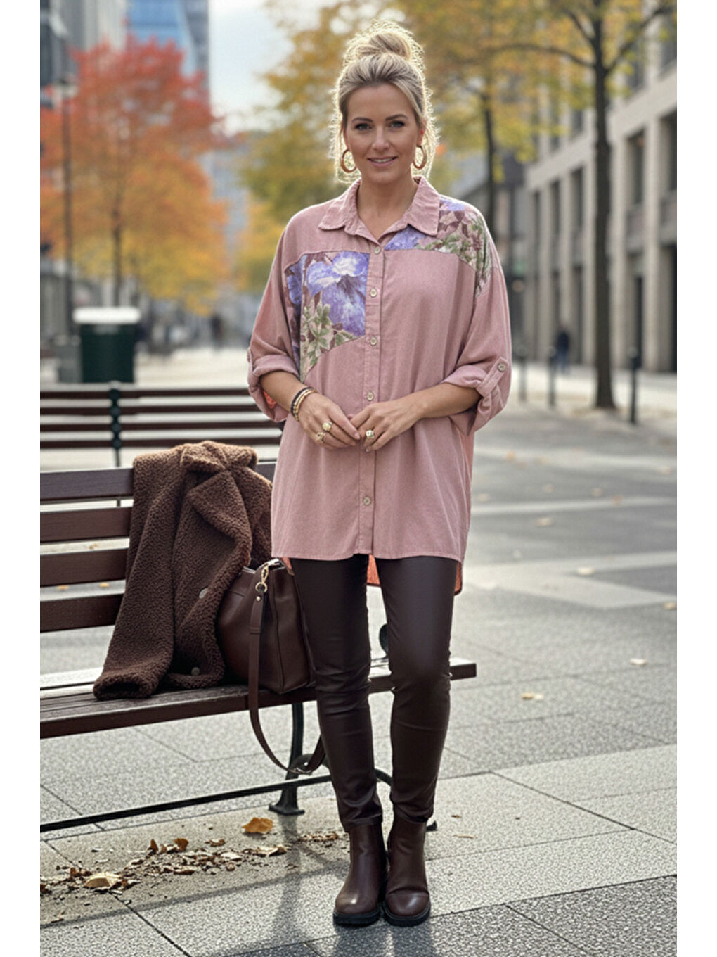 İtalyan Pastel Pembe Uzun Kol Çiçekli Düğmeli İnce Kadife Casual Dokuma Gömlek 75-80 70-4