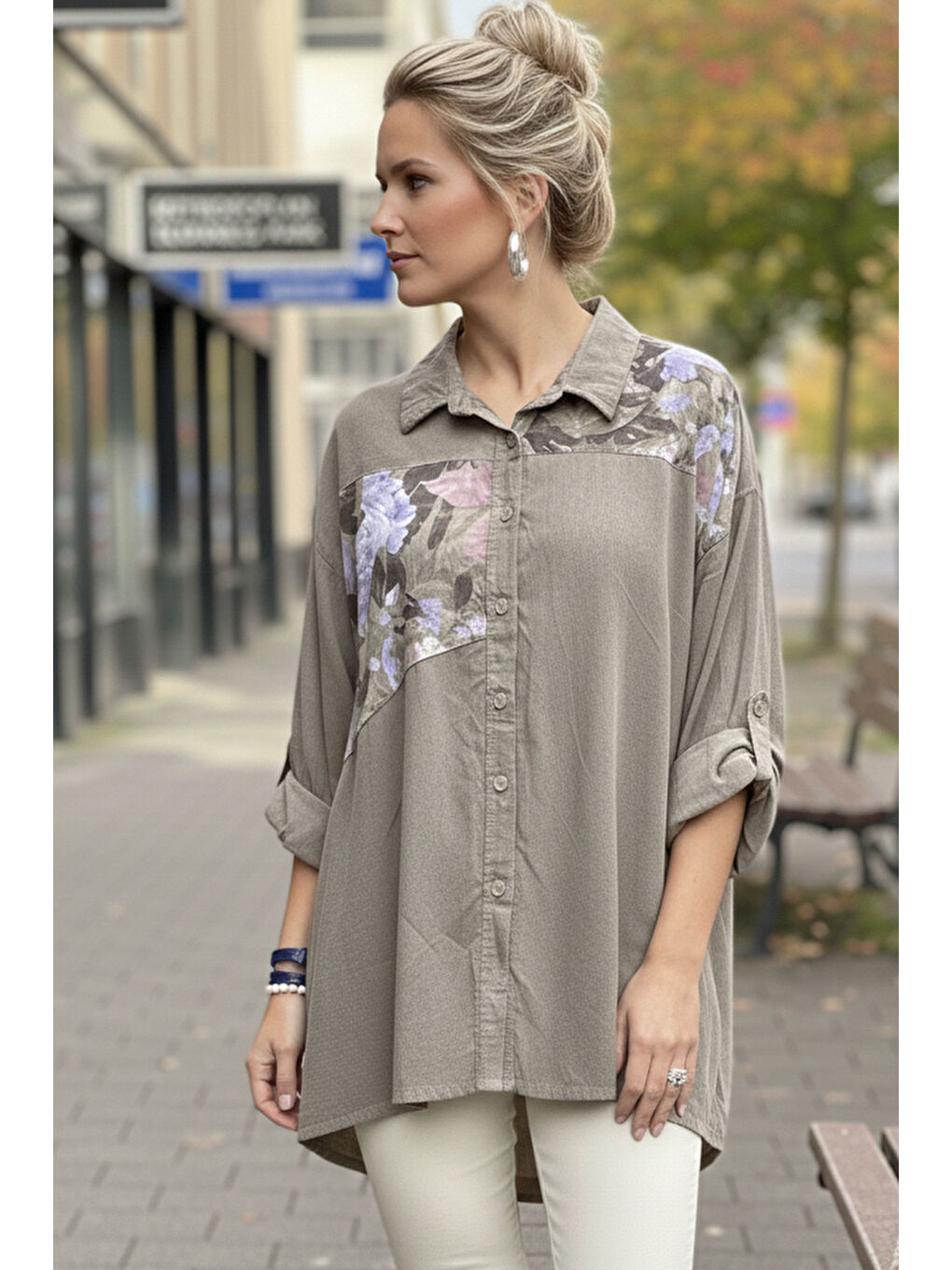 Bej İtalyan Vizon Uzun Kol Çiçekli Düğmeli İnce Kadife Casual Dokuma Gömlek 75-80 70-2