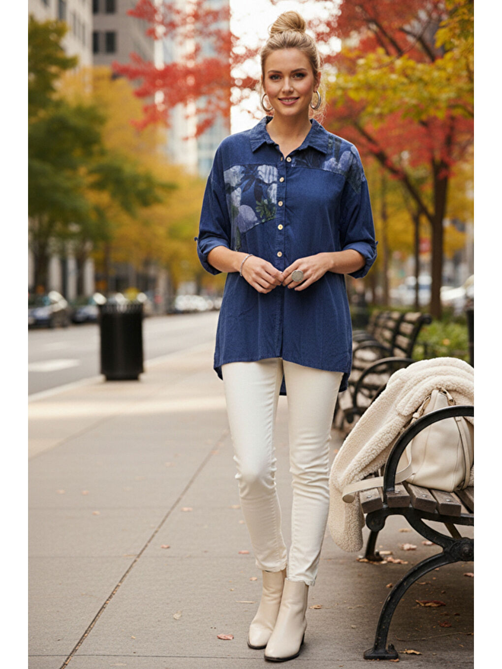 İtalyan Jean Mavisi Uzun Kol Çiçekli Düğmeli İnce Kadife Casual Dokuma Gömlek 75-80 70-4