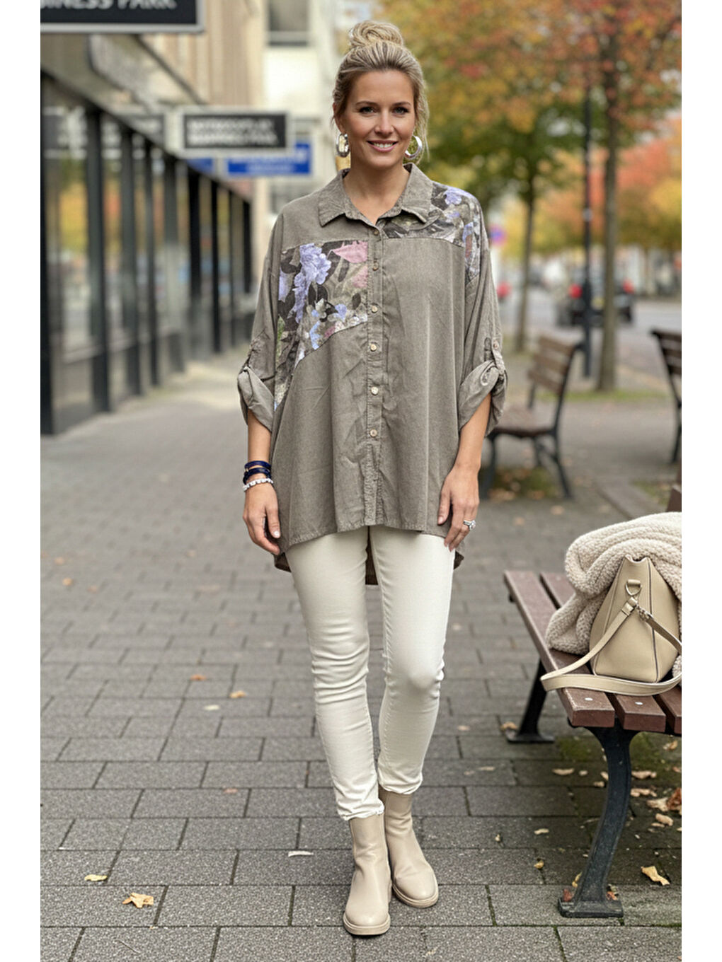 Bej İtalyan Vizon Uzun Kol Çiçekli Düğmeli İnce Kadife Casual Dokuma Gömlek 75-80 70-3