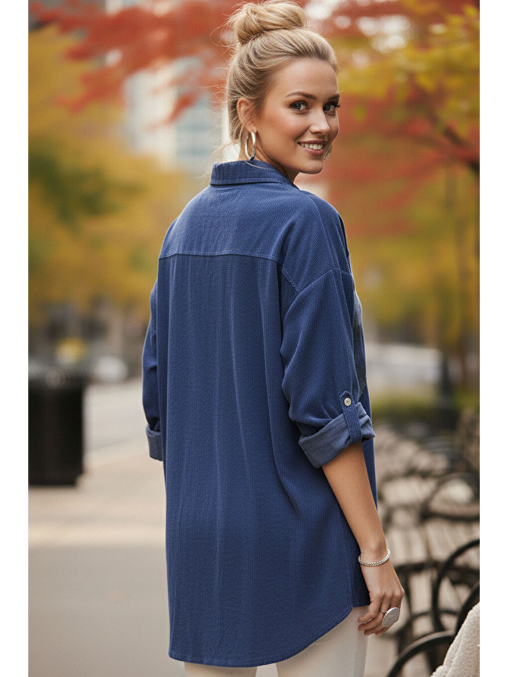 İtalyan Jean Mavisi Uzun Kol Çiçekli Düğmeli İnce Kadife Casual Dokuma Gömlek 75-80 70-5