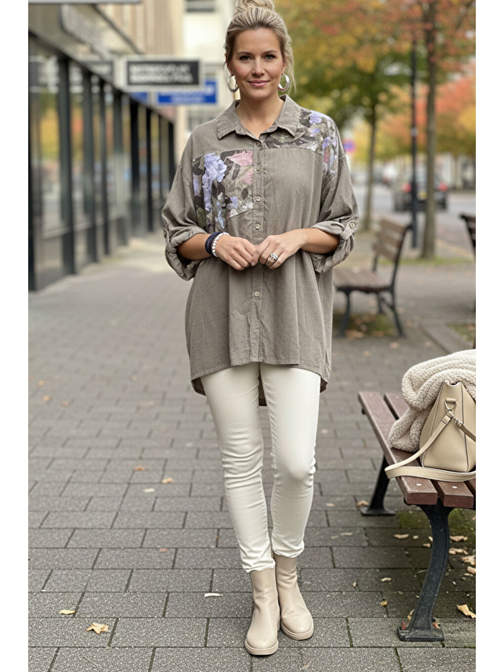 Bej İtalyan Vizon Uzun Kol Çiçekli Düğmeli İnce Kadife Casual Dokuma Gömlek 75-80 70-4