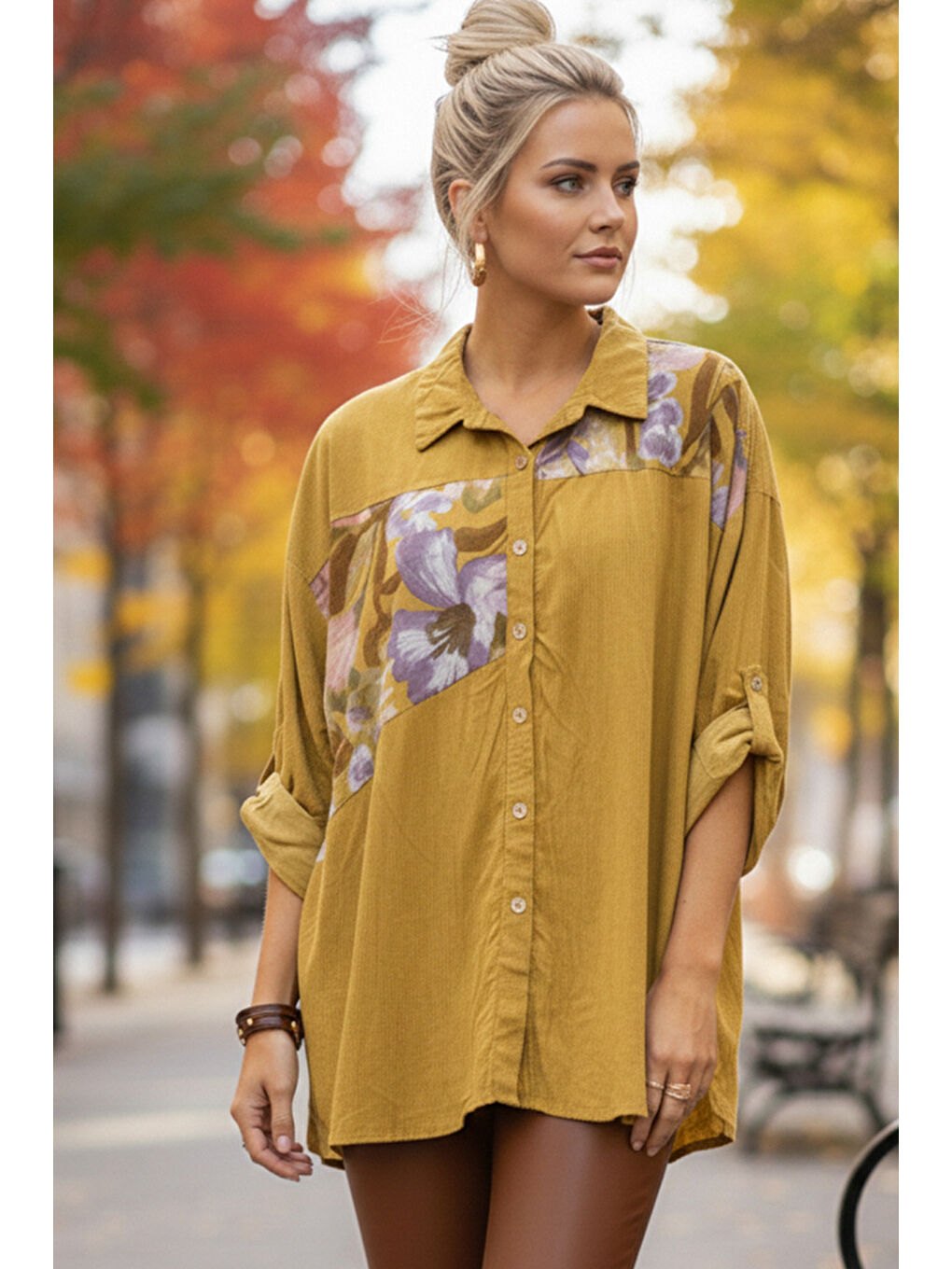 Sarı İtalyan Hardal Rengi Uzun Kol Çiçekli Düğmeli İnce Kadife Casual Dokuma Gömlek 75-80 70-1