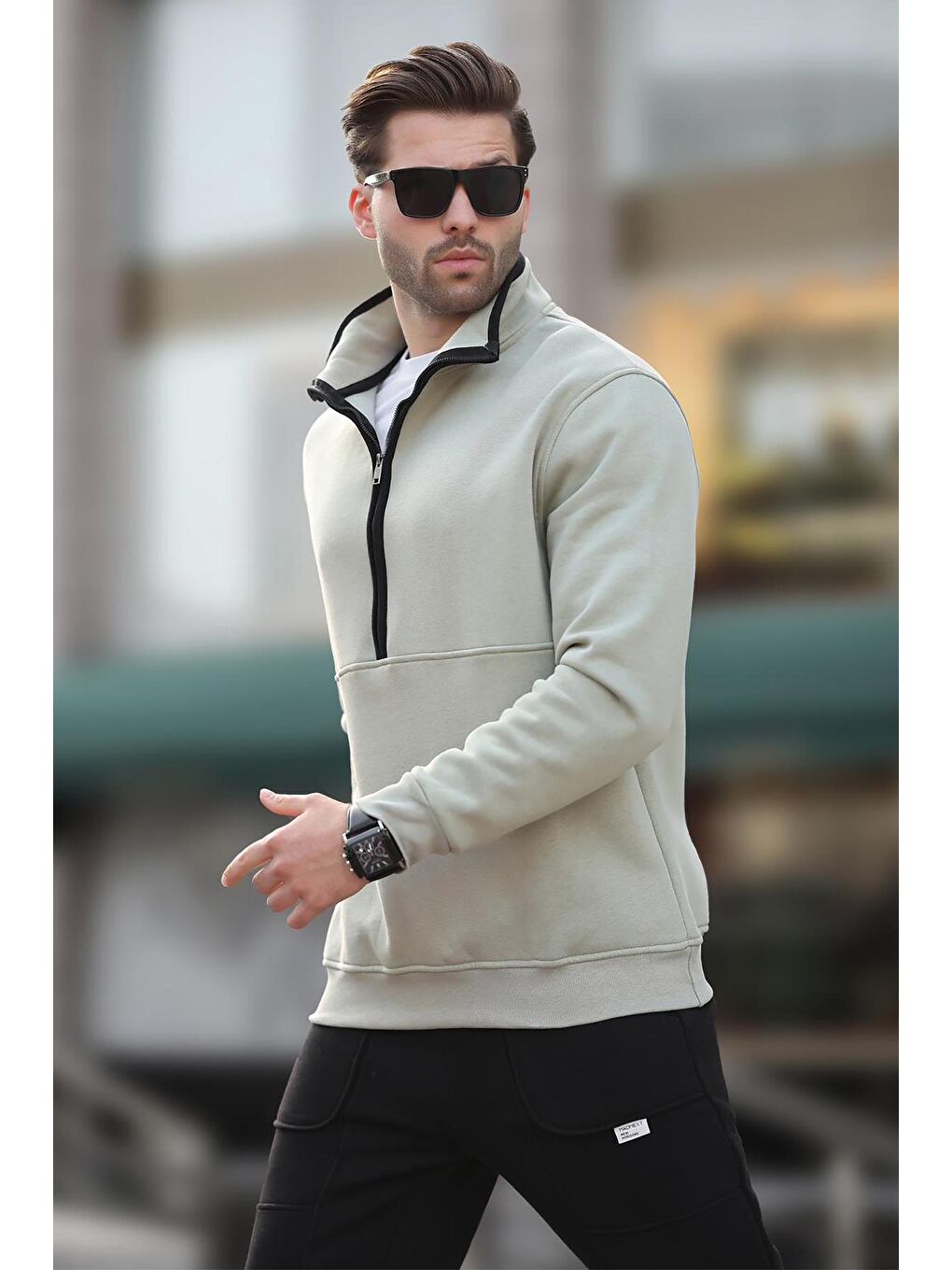 Çağla Yeşili Dik Yaka Yarım Fermuarlı Sweatshirt 7079