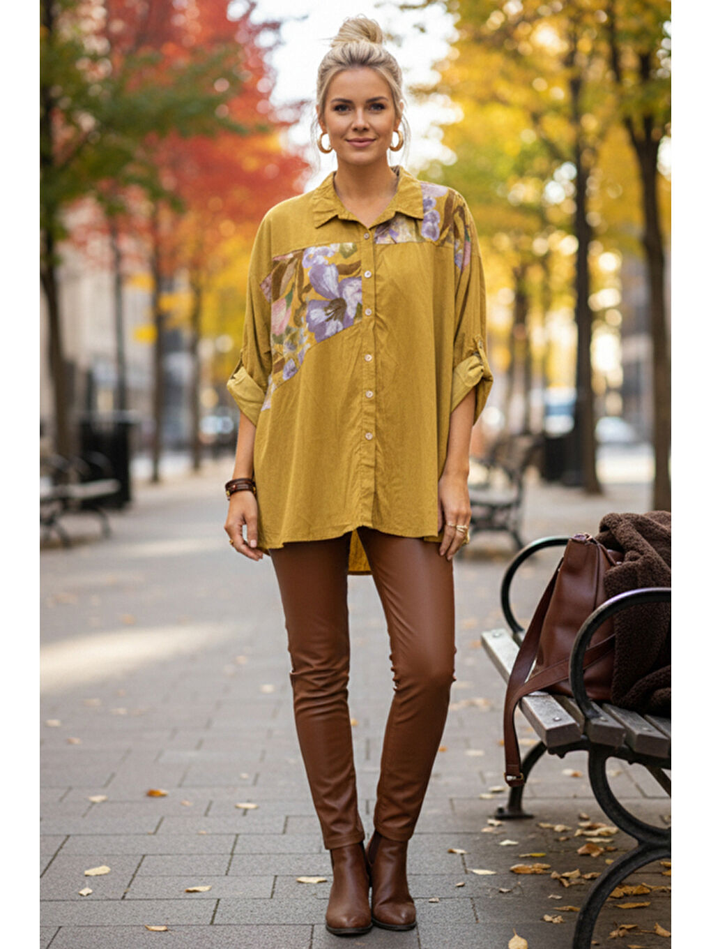 Sarı İtalyan Hardal Rengi Uzun Kol Çiçekli Düğmeli İnce Kadife Casual Dokuma Gömlek 75-80 70-2