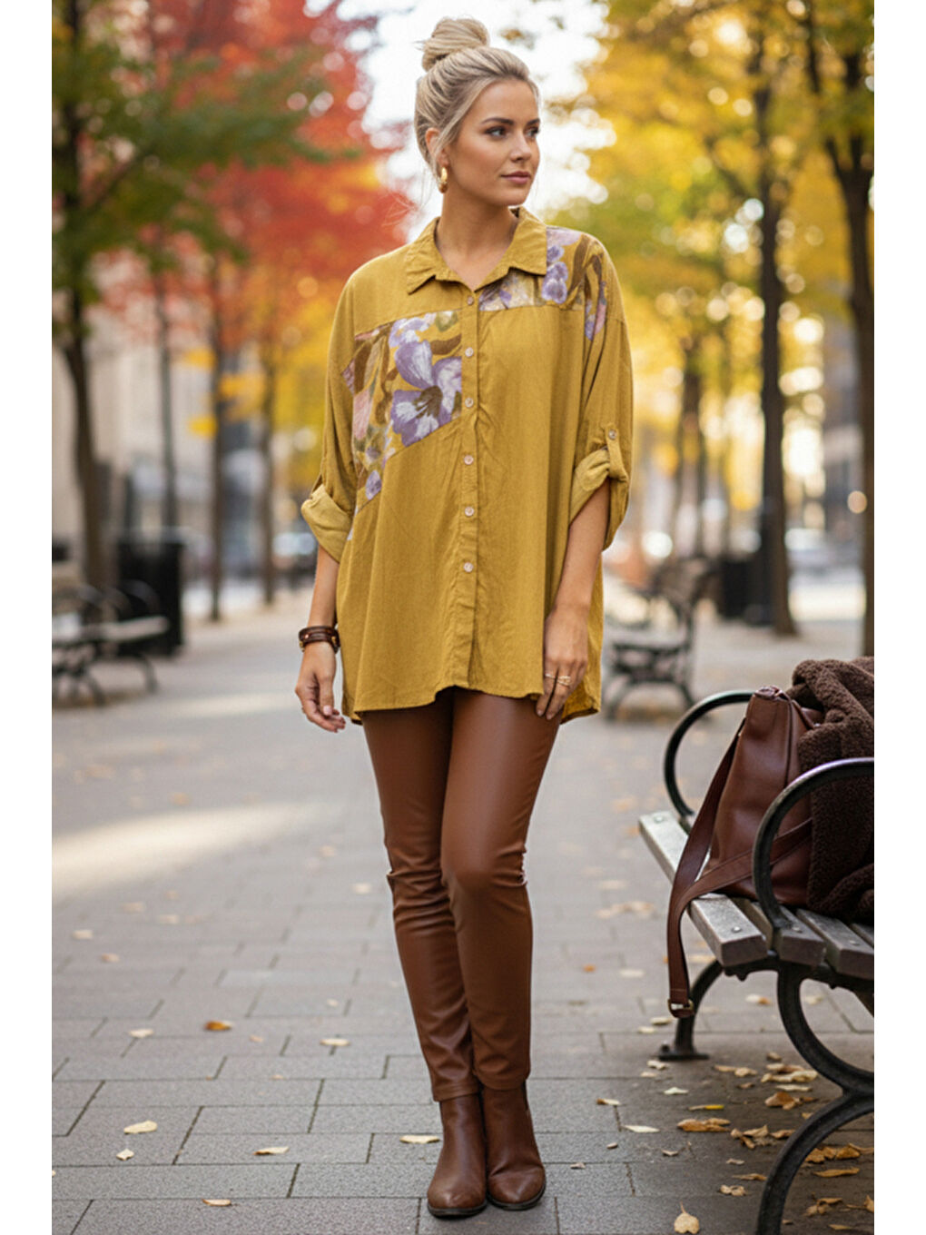 Sarı İtalyan Hardal Rengi Uzun Kol Çiçekli Düğmeli İnce Kadife Casual Dokuma Gömlek 75-80 70-3