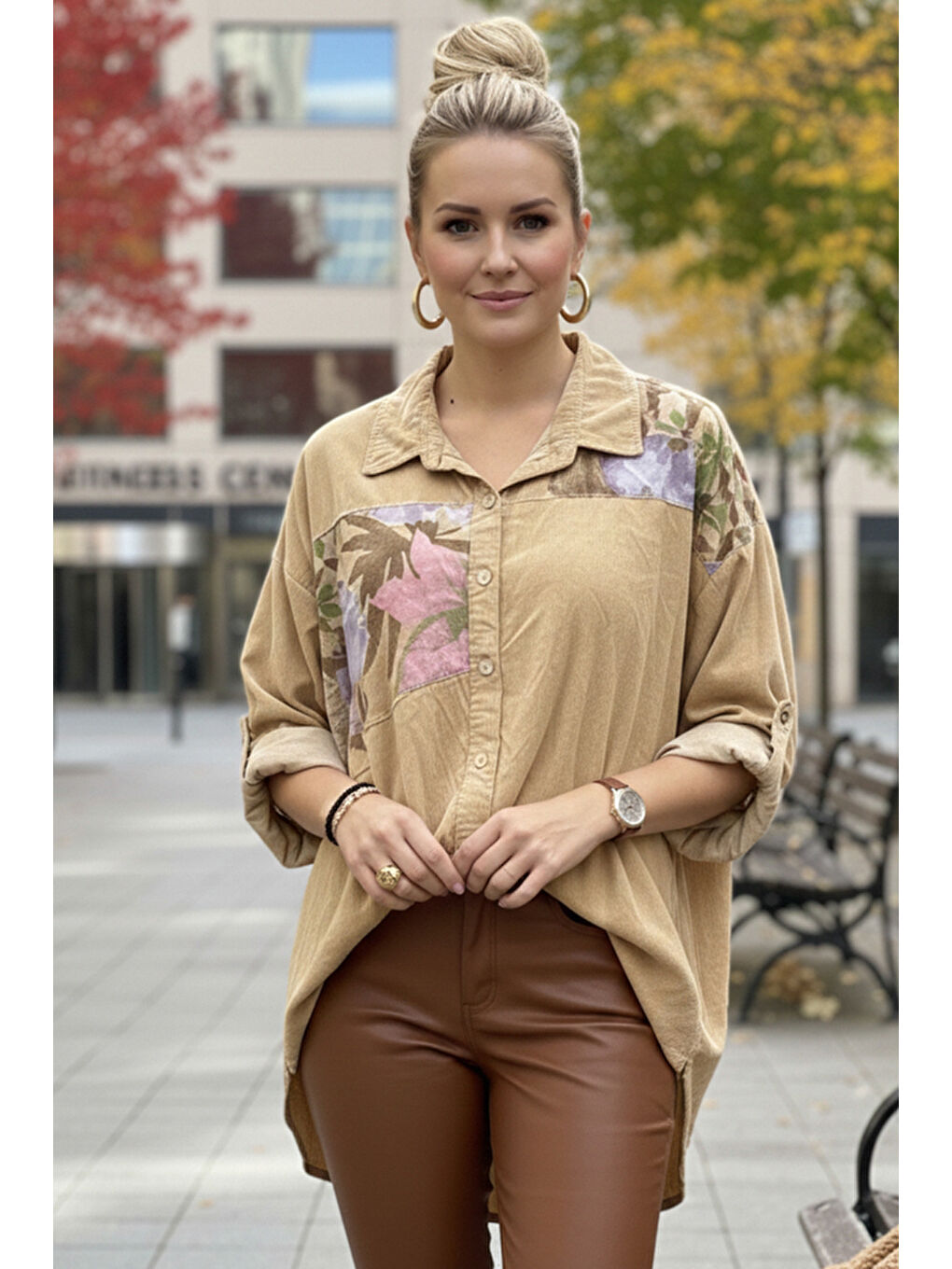 İtalyan Bej Uzun Kol Çiçekli Düğmeli İnce Kadife Casual Dokuma Gömlek 75-80 70-1