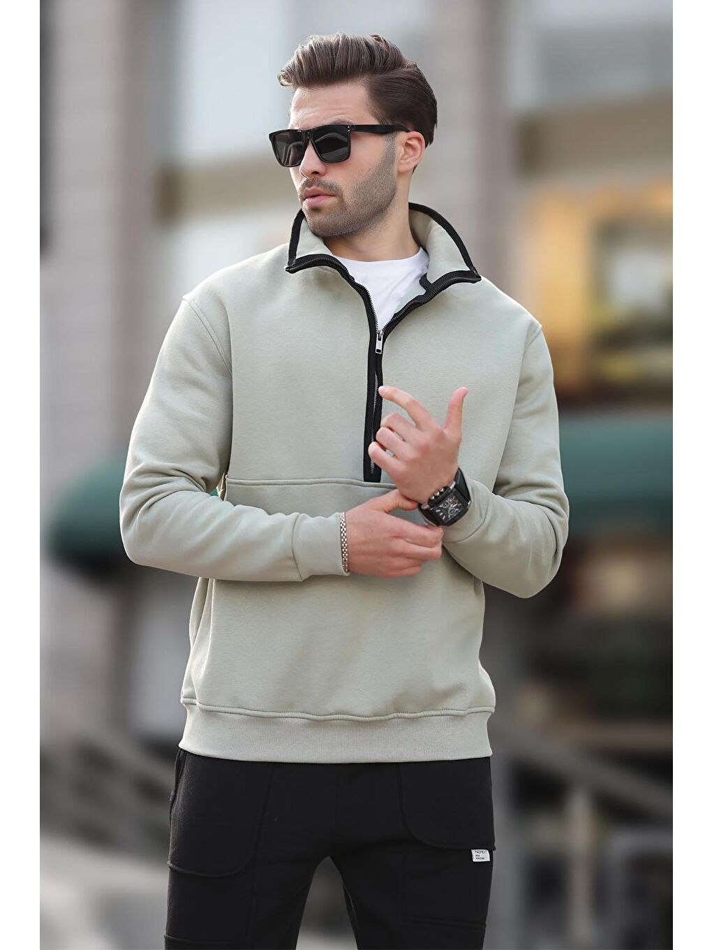 Çağla Yeşili Dik Yaka Yarım Fermuarlı Sweatshirt 7079-1