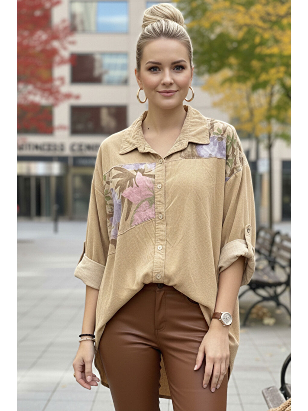İtalyan Bej Uzun Kol Çiçekli Düğmeli İnce Kadife Casual Dokuma Gömlek 75-80 70-2