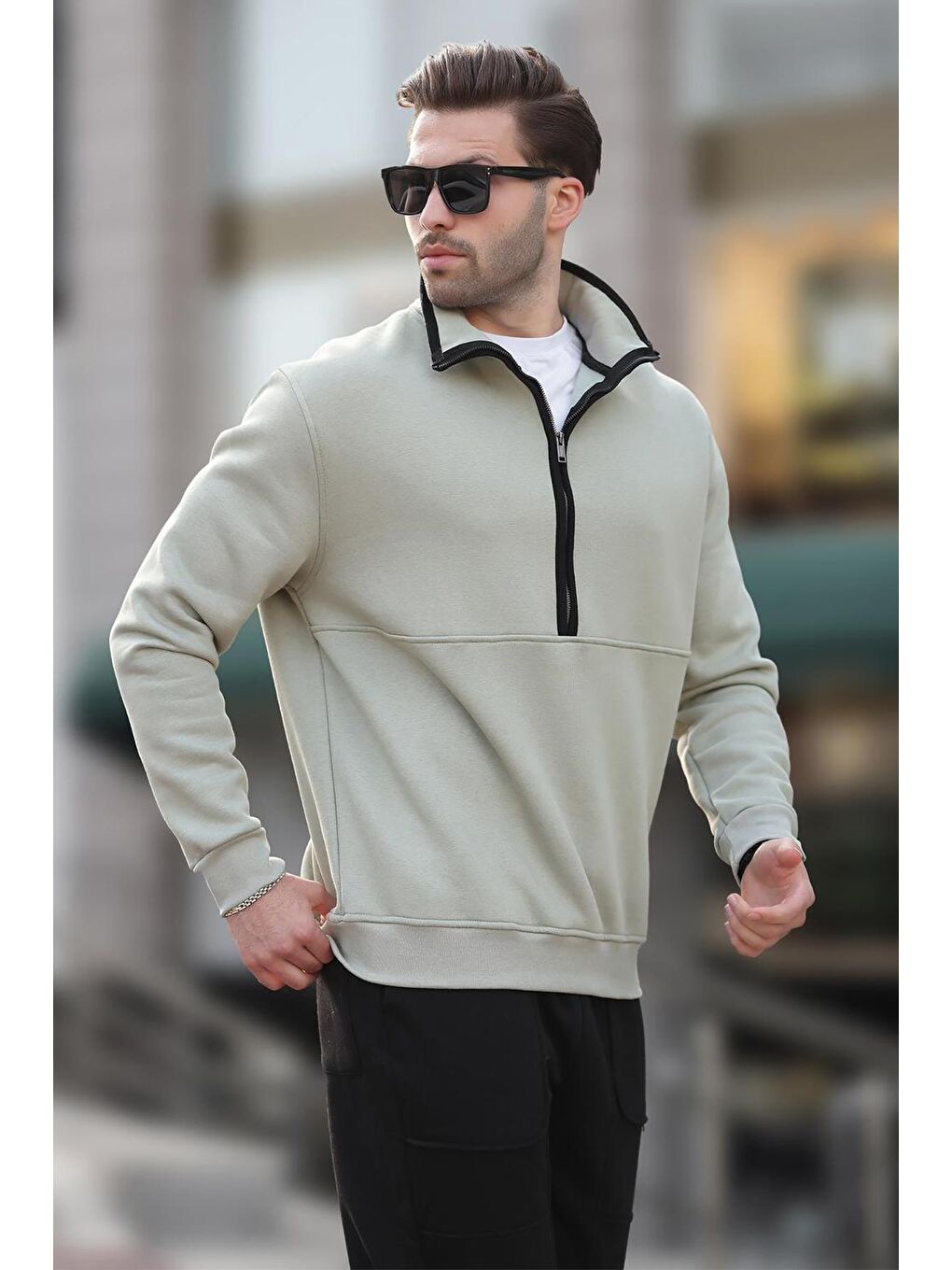 Çağla Yeşili Dik Yaka Yarım Fermuarlı Sweatshirt 7079-2