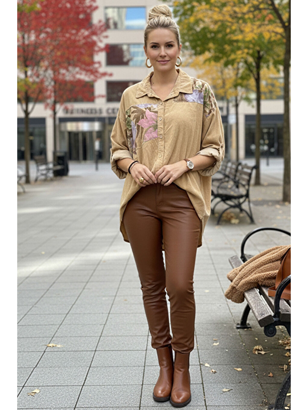 İtalyan Bej Uzun Kol Çiçekli Düğmeli İnce Kadife Casual Dokuma Gömlek 75-80 70-4