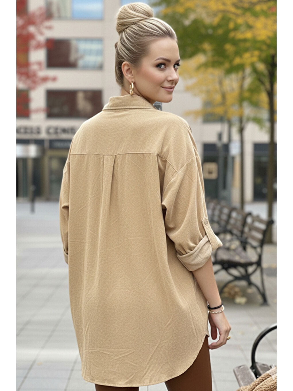 İtalyan Bej Uzun Kol Çiçekli Düğmeli İnce Kadife Casual Dokuma Gömlek 75-80 70-5