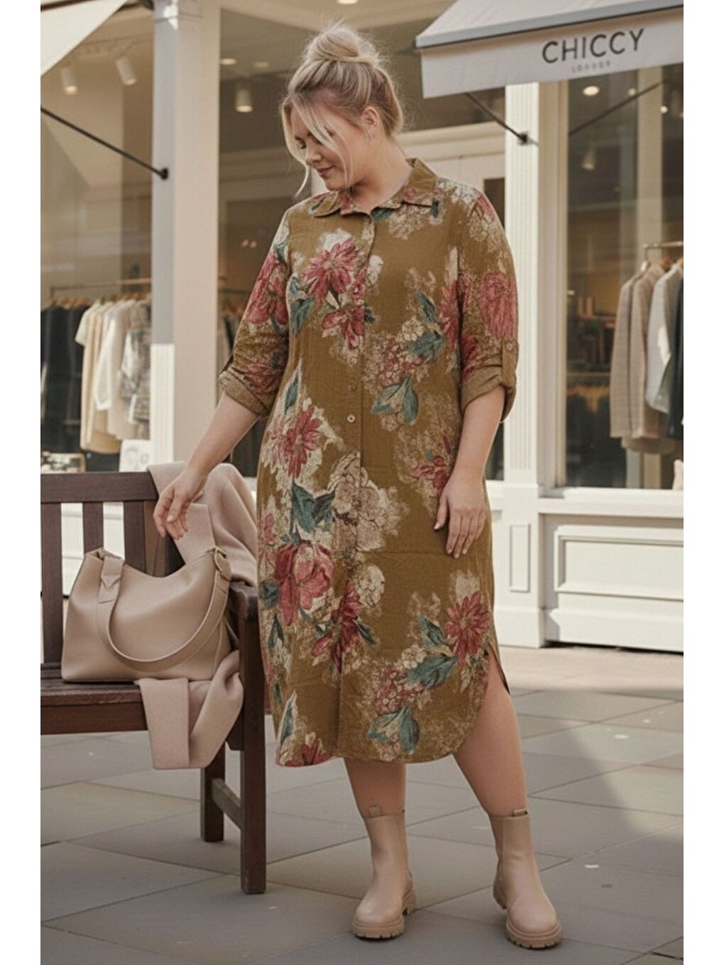 Sarı İtalyan Büyük Beden Hardal Gömlek Yaka Uzun Kol Allover Baskılı Kadife Dokuma Elbise 112 65