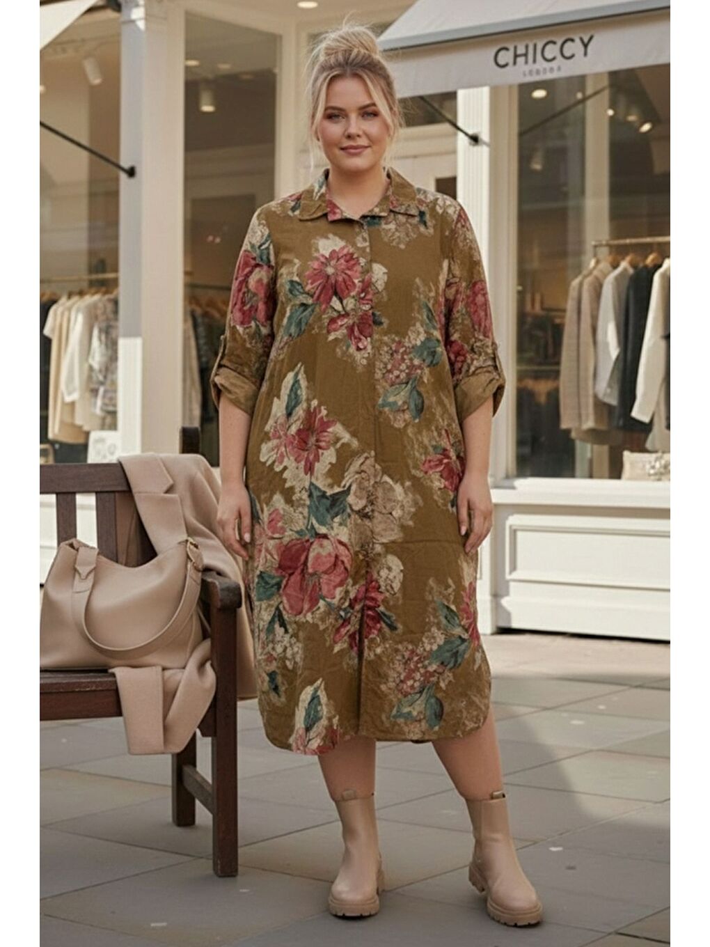 Sarı İtalyan Büyük Beden Hardal Gömlek Yaka Uzun Kol Allover Baskılı Kadife Dokuma Elbise 112 65-1