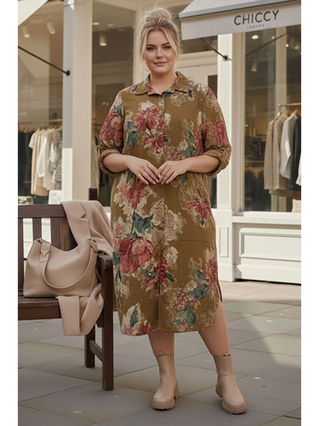 Sarı İtalyan Büyük Beden Hardal Gömlek Yaka Uzun Kol Allover Baskılı Kadife Dokuma Elbise 112 65-2