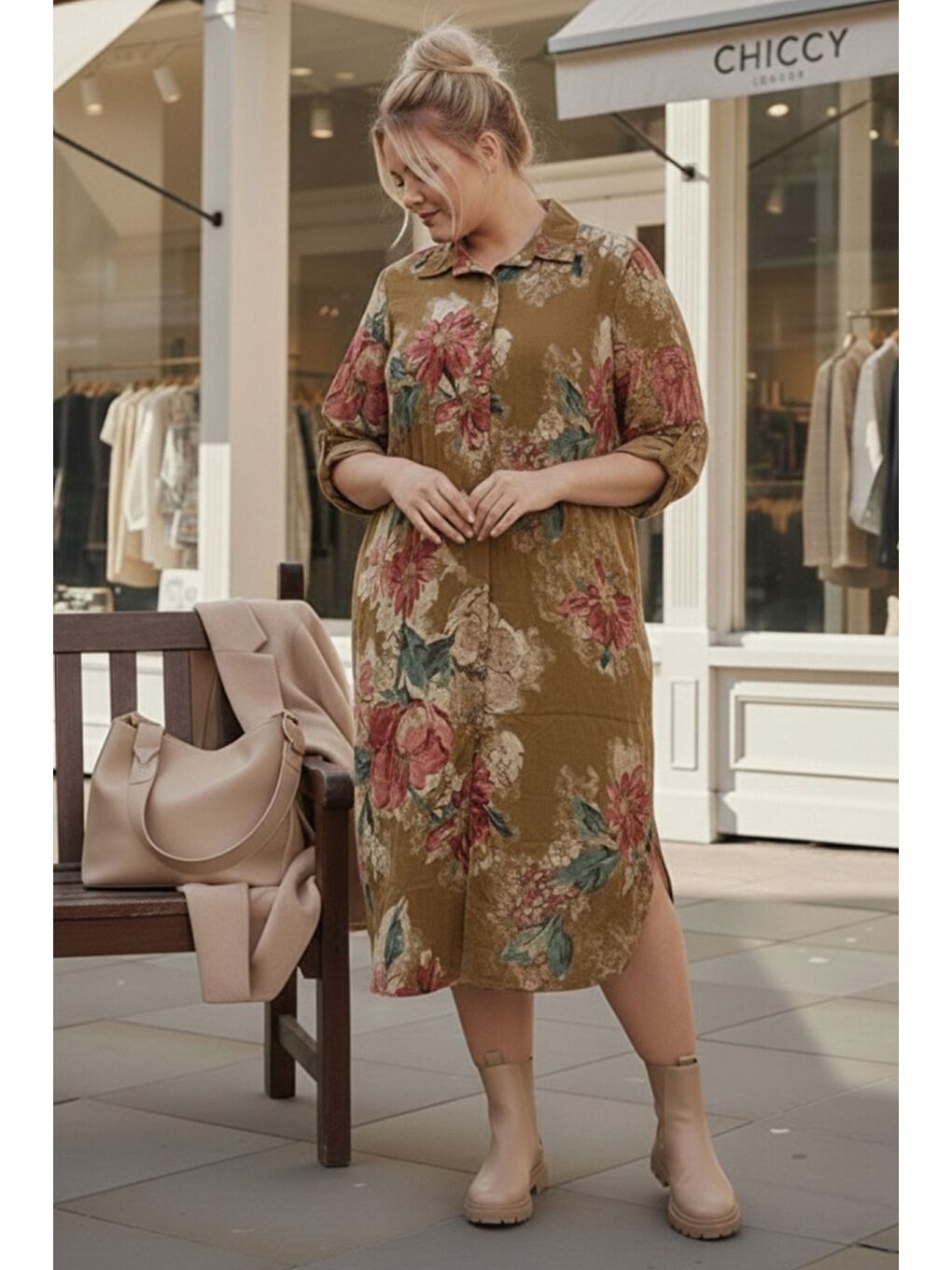 Sarı İtalyan Büyük Beden Hardal Gömlek Yaka Uzun Kol Allover Baskılı Kadife Dokuma Elbise 112 65-3