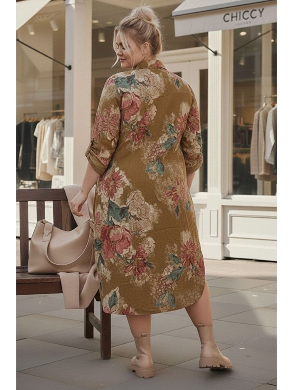 Sarı İtalyan Büyük Beden Hardal Gömlek Yaka Uzun Kol Allover Baskılı Kadife Dokuma Elbise 112 65-4