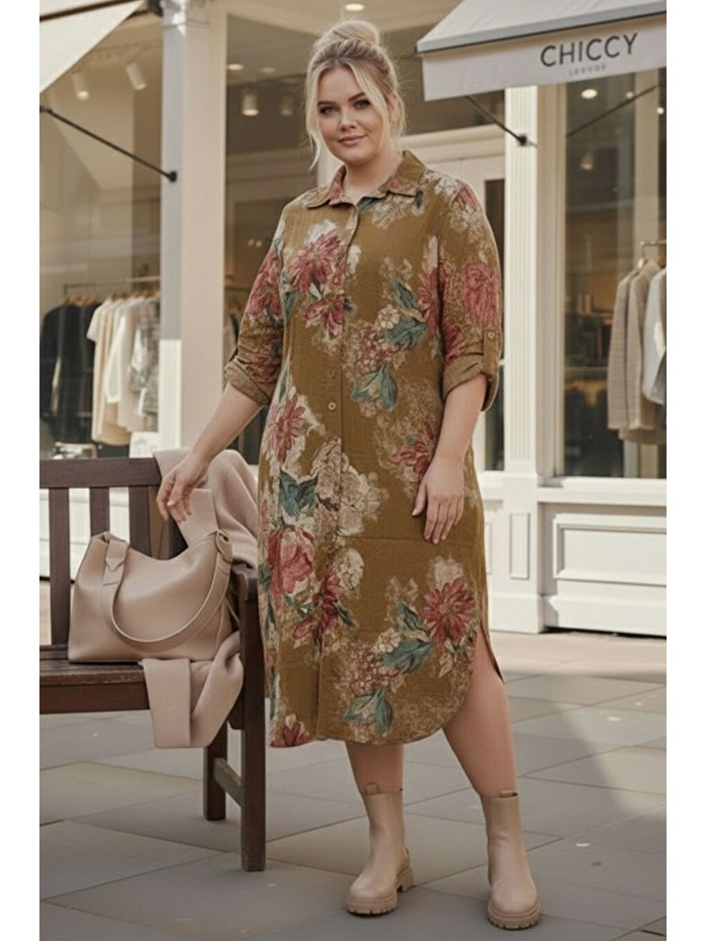 Sarı İtalyan Büyük Beden Hardal Gömlek Yaka Uzun Kol Allover Baskılı Kadife Dokuma Elbise 112 65-5