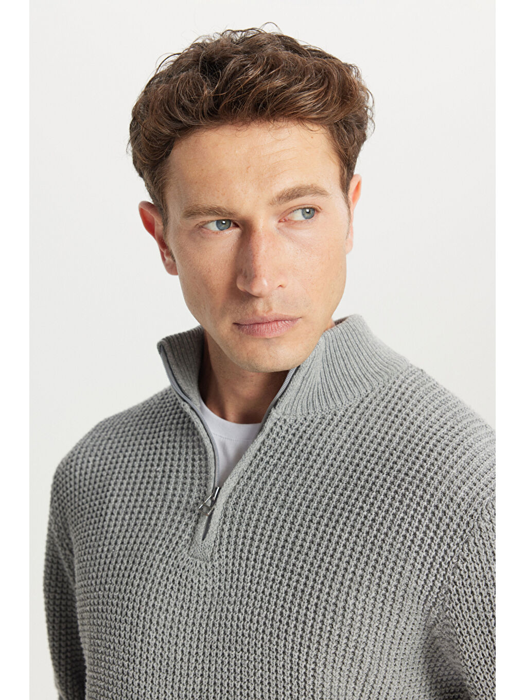 Erkek Gri Melanj Pamuklu Standart Fit Normal Kesim Bato Yaka Jakarlı Triko Kazak-3