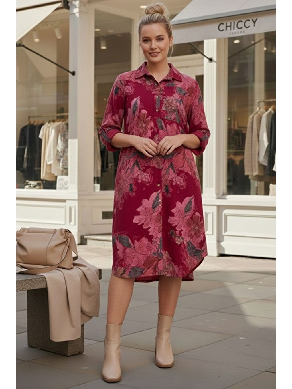 İtalyan Bordo Gömlek Yaka Uzun Kol Çiçekli Allover Baskılı Kadife Dokuma Elbise 112 65-1