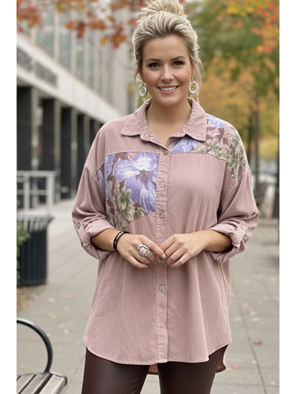 İtalyan Büyük Beden Pastel Pembe Uzun Kol Çiçekli Düğmeli İnce Kadife Casual Dokuma Gömlek 75-80 70-1