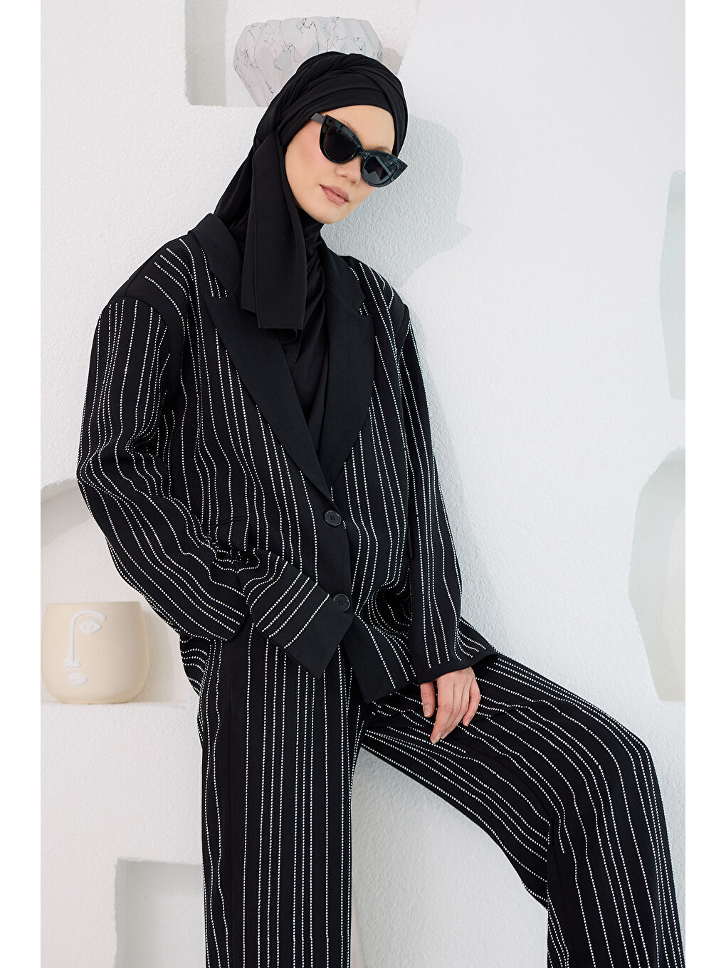 Kadın Full Taşlı BLazer Ceketli Takım Siyah