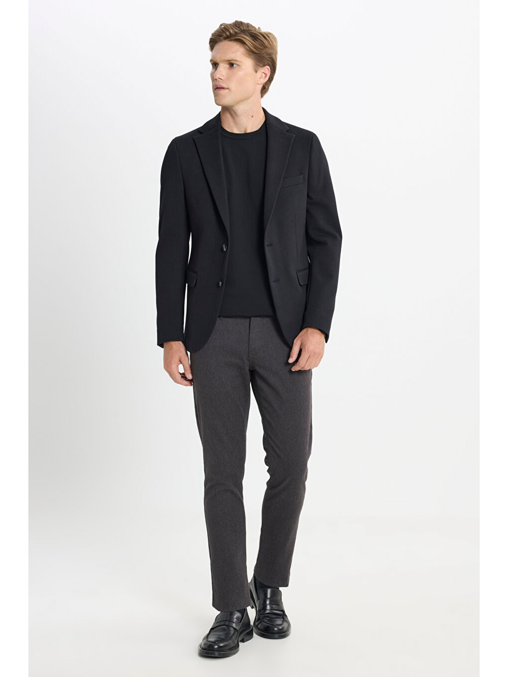 Erkek Siyah Pamuklu Slim Fit Dar Kesim Mono Yaka Kapak Cepli Ceket-1