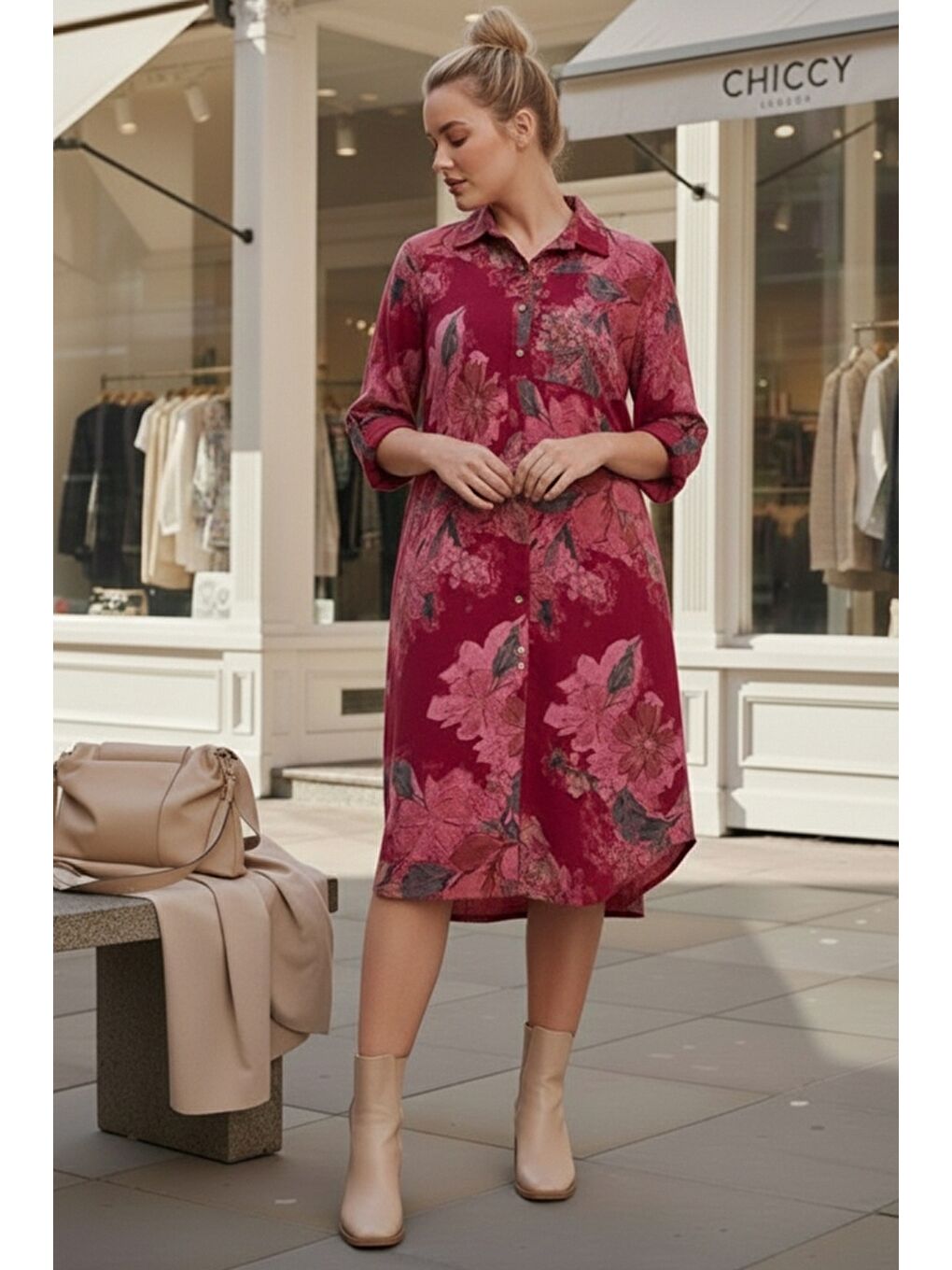 İtalyan Bordo Gömlek Yaka Uzun Kol Çiçekli Allover Baskılı Kadife Dokuma Elbise 112 65-2