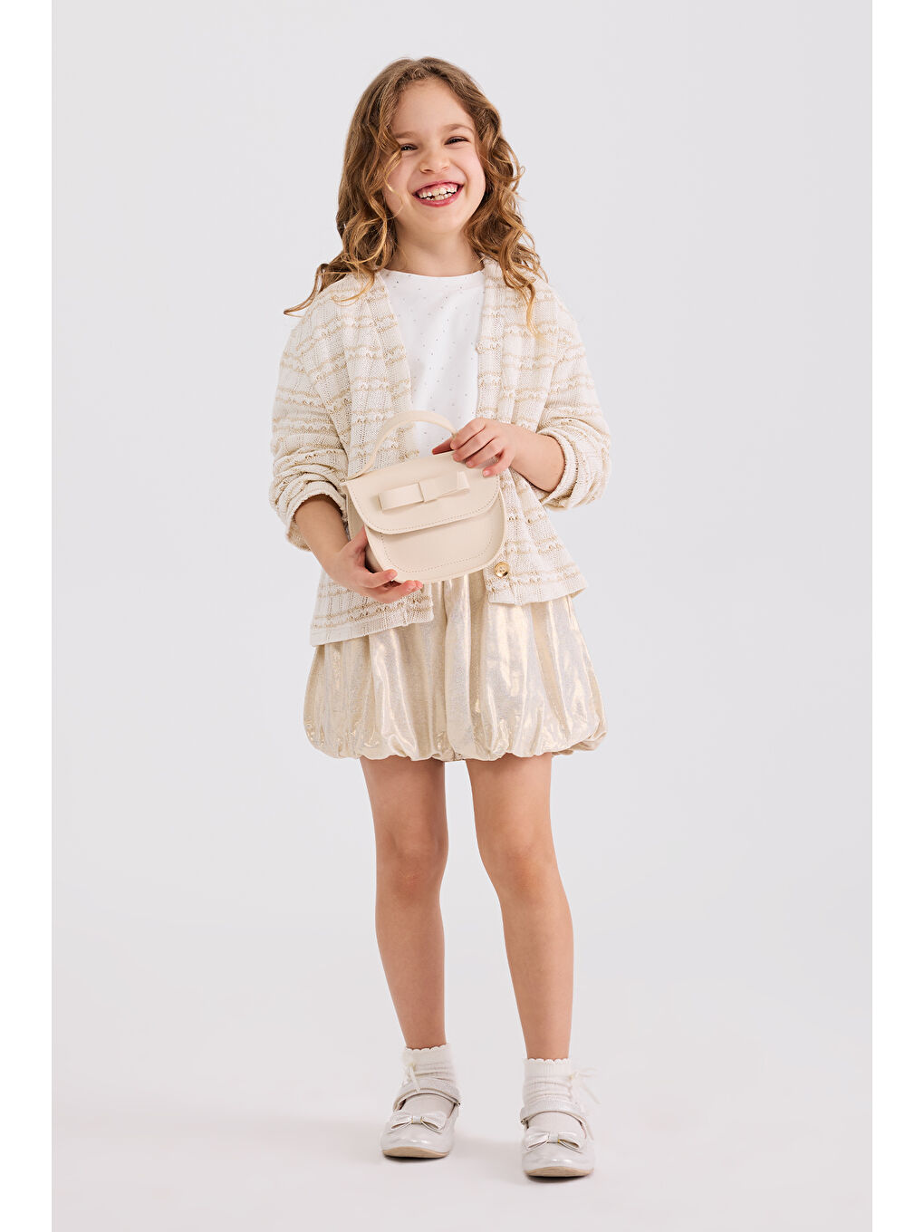 Kız Çocuk Simli Ekru Triko Hırka