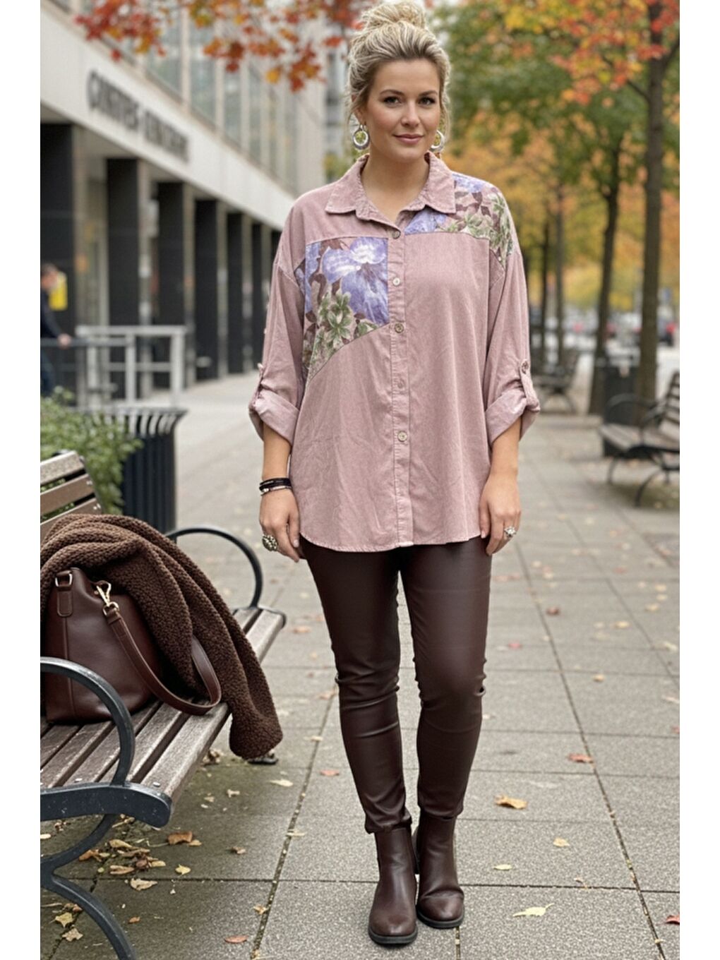 İtalyan Büyük Beden Pastel Pembe Uzun Kol Çiçekli Düğmeli İnce Kadife Casual Dokuma Gömlek 75-80 70-3