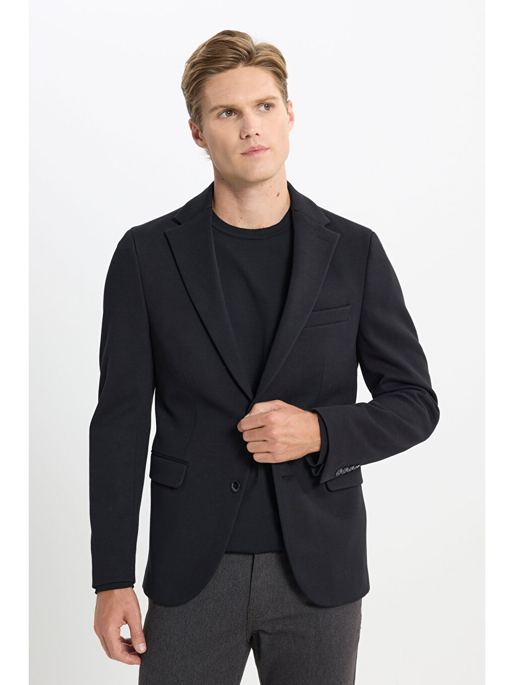 Erkek Siyah Pamuklu Slim Fit Dar Kesim Mono Yaka Kapak Cepli Ceket-2