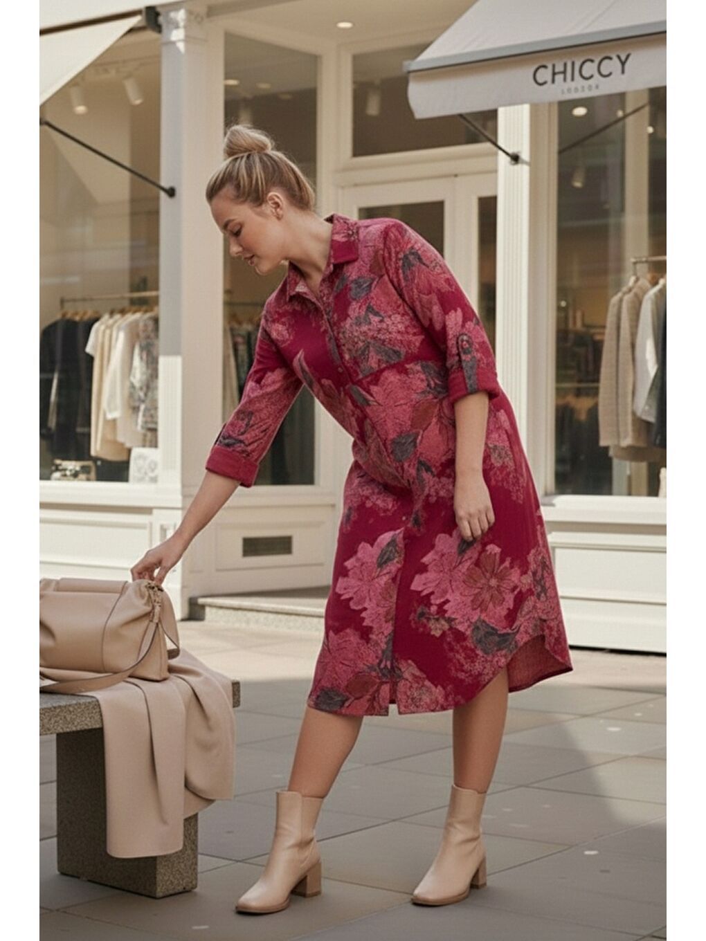 İtalyan Bordo Gömlek Yaka Uzun Kol Çiçekli Allover Baskılı Kadife Dokuma Elbise 112 65-3