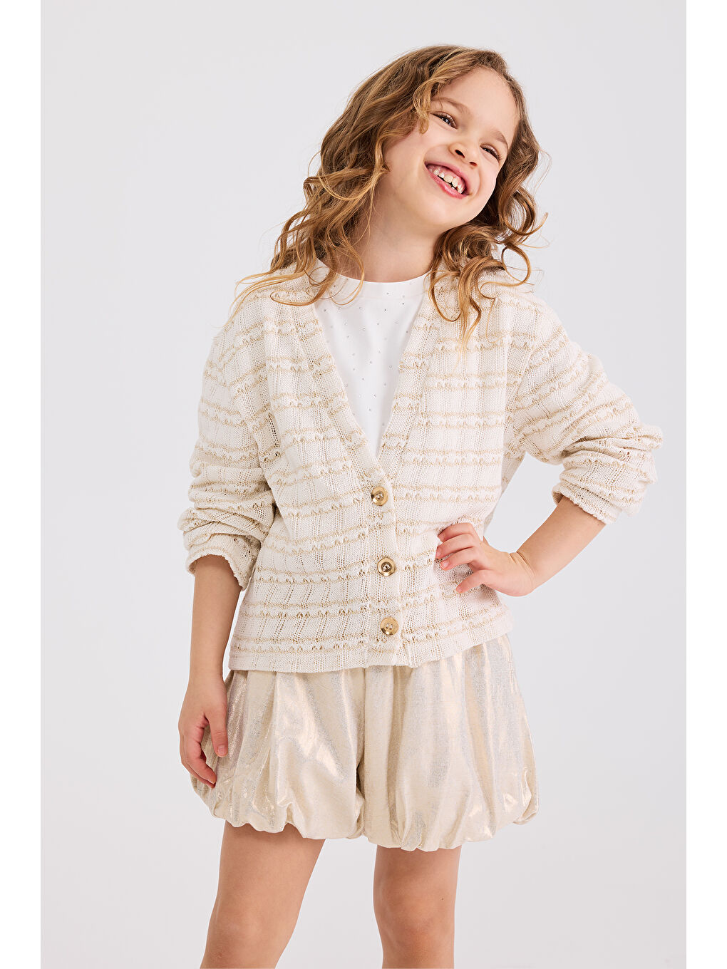 Kız Çocuk Simli Ekru Triko Hırka-1