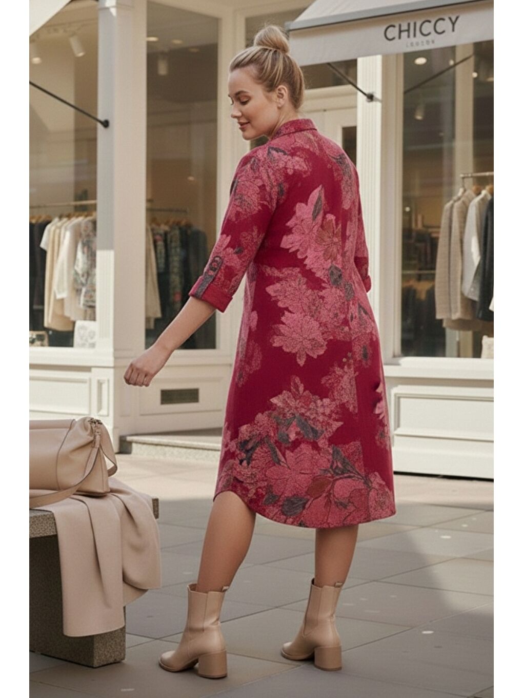 İtalyan Bordo Gömlek Yaka Uzun Kol Çiçekli Allover Baskılı Kadife Dokuma Elbise 112 65-4