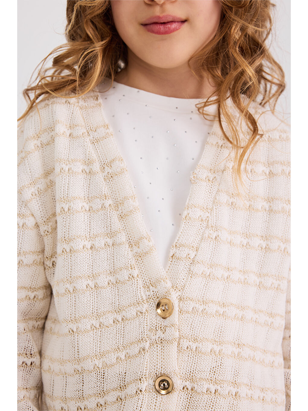 Kız Çocuk Simli Ekru Triko Hırka-2