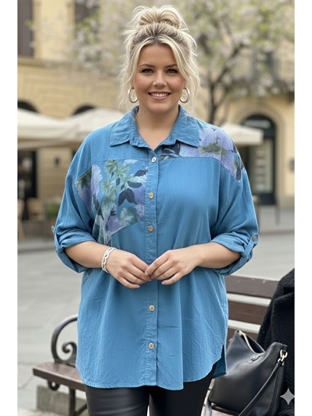 İtalyan Büyük Beden Açık Mavi Uzun Kol Çiçekli Düğmeli İnce Kadife Casual Dokuma Gömlek 75-80 70