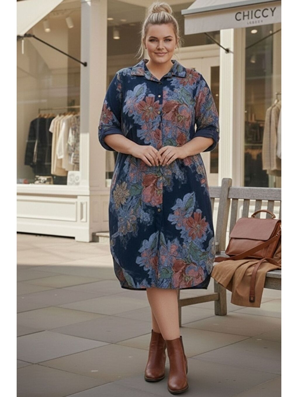 İtalyan Büyük Beden Lacivert Gömlek Yaka Uzun Kol Allover Baskılı Kadife Dokuma Elbise 112 65-2