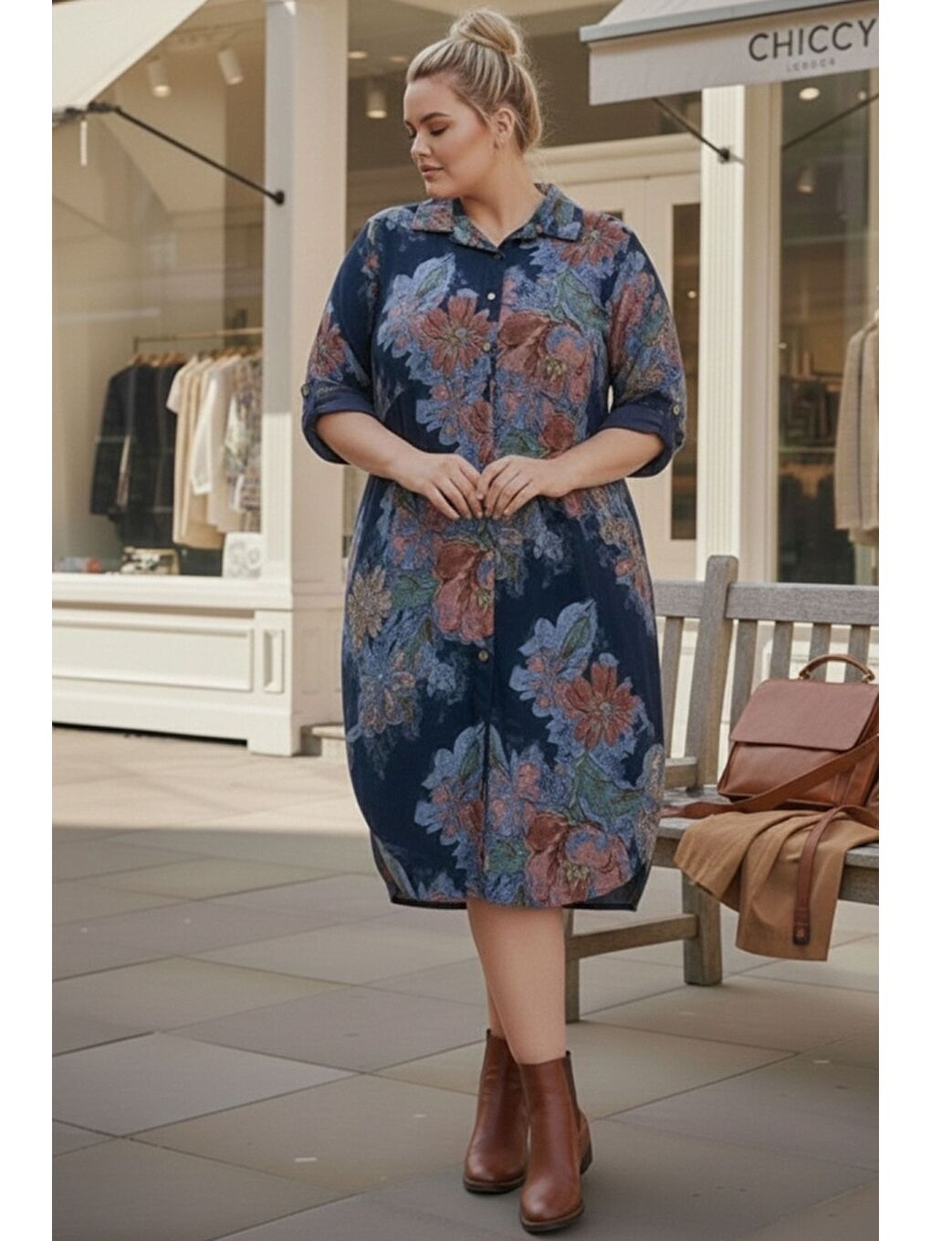 İtalyan Büyük Beden Lacivert Gömlek Yaka Uzun Kol Allover Baskılı Kadife Dokuma Elbise 112 65-3