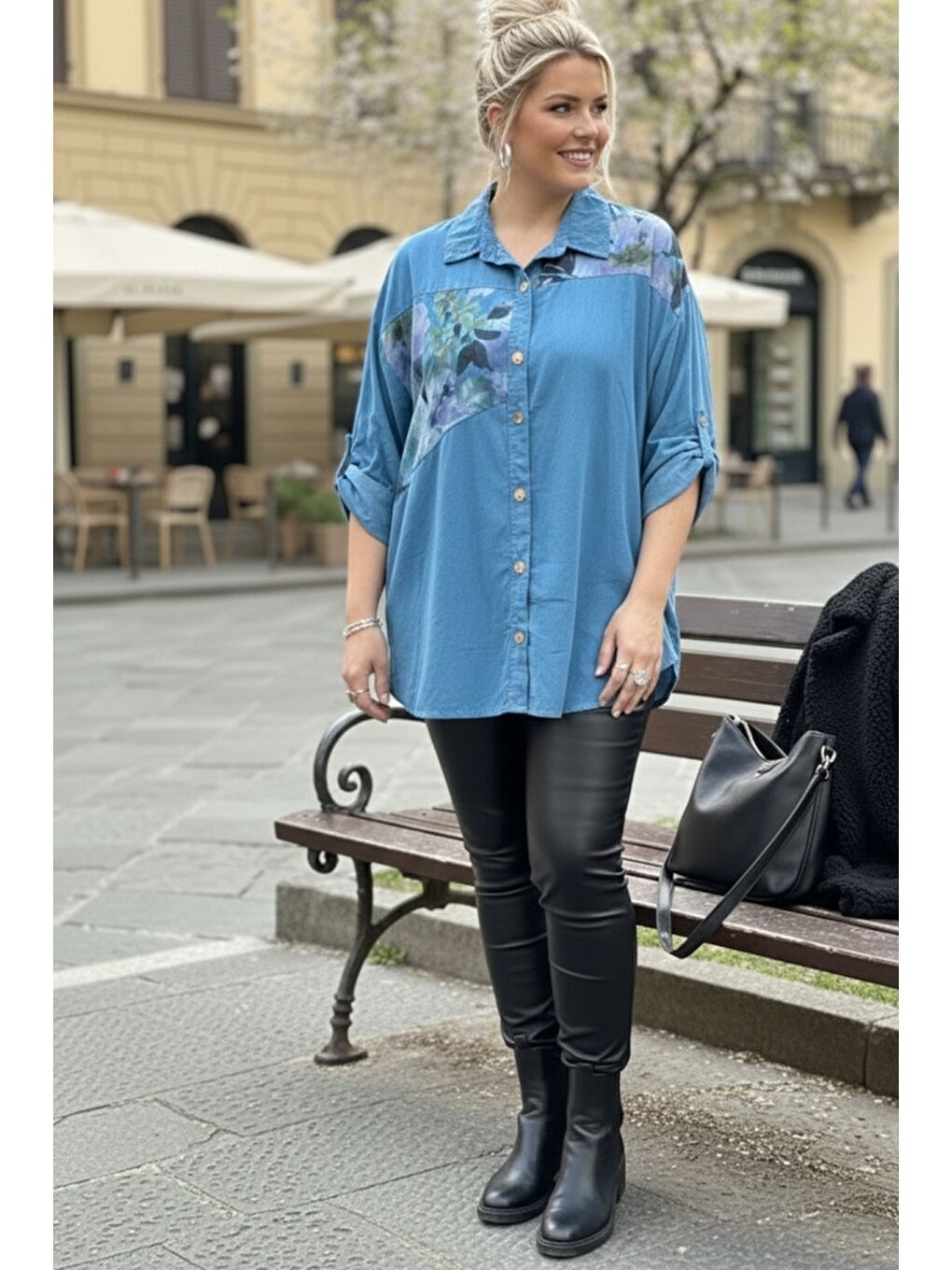 İtalyan Büyük Beden Açık Mavi Uzun Kol Çiçekli Düğmeli İnce Kadife Casual Dokuma Gömlek 75-80 70-3